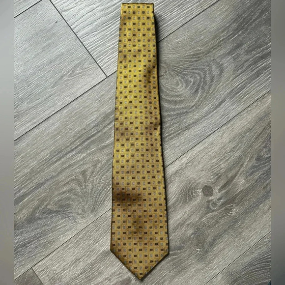 Brooks Brothers Makers Gold Blue Rectangular Print 100% Silk Men’s Necktie Work - Picture 1 of 5